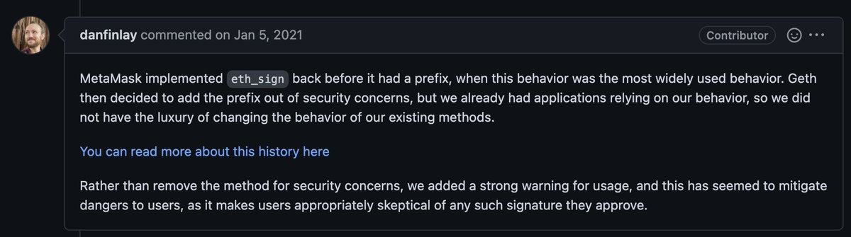 CT_IOE's tweet photo. 29/x
Metamask’s current solution is the (very effective) bright red warning (shown in the first image) telling the user how dangerous a signature may be when using ETH_SIGN. I think this is sufficient - although the best solution would be disabling the functionality entirely. https://t.co/NMz0L7UL0g