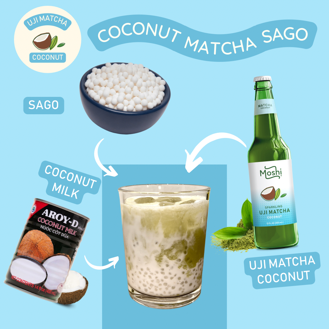 Our take on a classic summer dessert! We’re recreating our childhood coconut sago dessert with a hint of antioxidant and caffeine 🍵. 

Uji Matcha Coconut Drink 🍵 
Sago 🫧 
Coconut Milk 🥥 🥛 

Cook your sago per package instruction. Cool your sago and mix with 2-3 t
