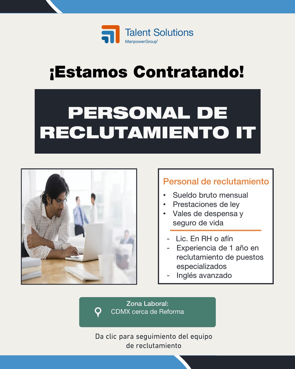 TS_RPO's tweet photo. #Oportunidad Laboral🔎Solicitamos Ejecutivos de Reclutamiento IT 

💼Se ofrece sueldo base mensual + prestaciones de ley 

📍Lugar de trabajo: Cuauhtemoc, #CDMX

📩Manda tu CV al siguiente correo
emartinezg@manpowermecca.com.mx https://t.co/alG0CoH0Yc
