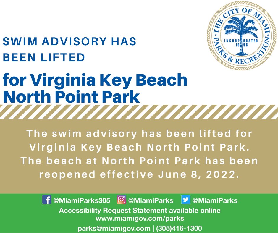 miamiparks's tweet photo. #ImportantInformation: The swim advisory has been lifted for Virginia Key Beach North Point Park. The beach at North Point Park has been reopened effective June 8, 2022. @CityofMiami
#MiamiParks #Miami #CityofMiami #VirginiaKey #VirginiaKeyBeach #NorthPointPark https://t.co/ATZFnJytlw