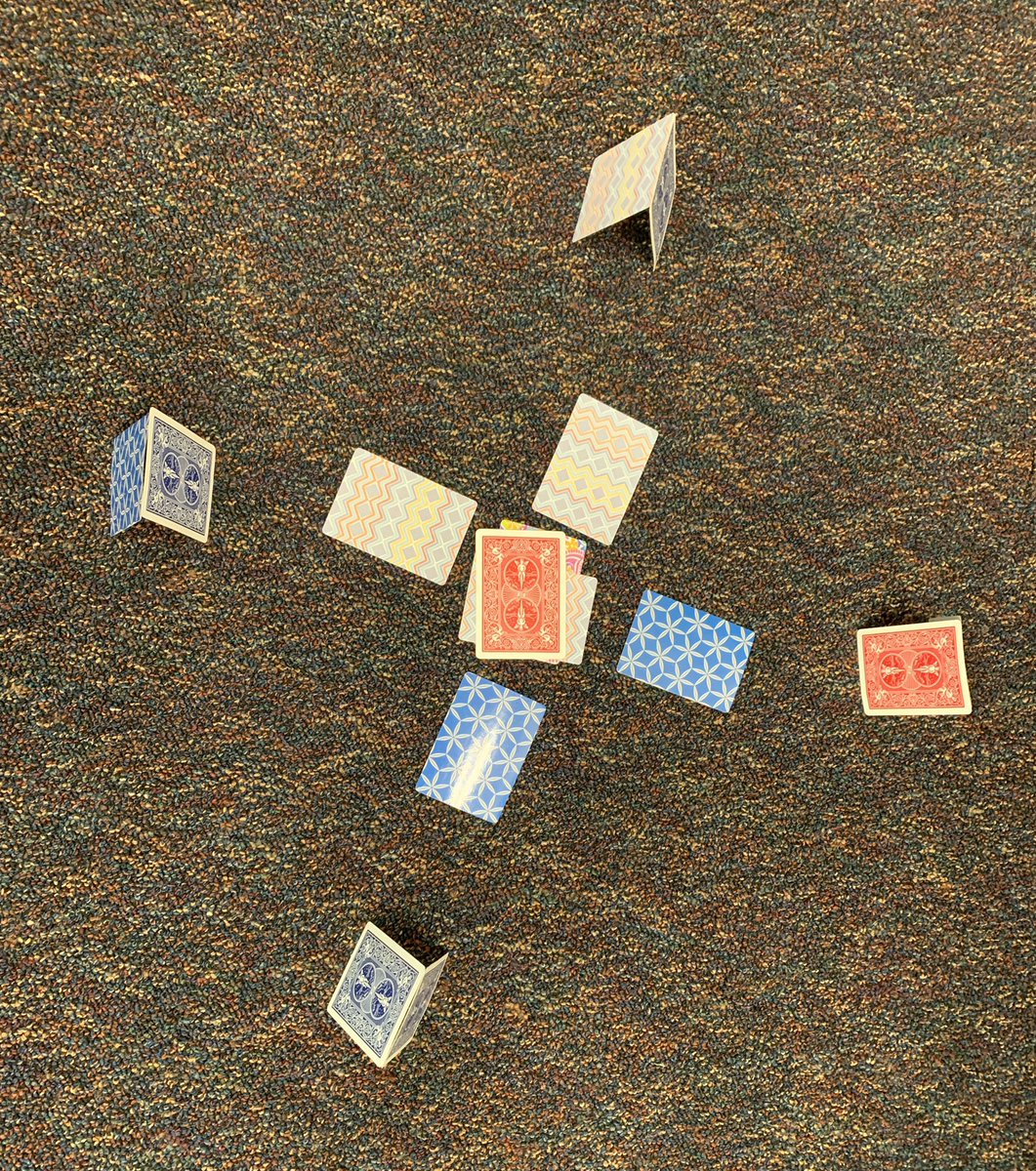 Todays morning STEM challenge-using 15 cards create a scene where some cards stand up. This is a campfire complete with tents, logs to sit on, and a campfire. Creative thinkers!!!! <a href="/WaxpoolElem/">WaxpoolElementary</a>