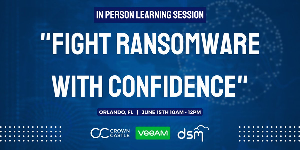 Fight #ransomware with confidence! Find out how you can position your organization for success against cyberthreats. Join <a href="/dsm_it/">DSM Technology</a>, #Veeam and <a href="/CrownCastle/">Crown Castle</a> for a special event in Orlando, FL on June 15th. Save your seat. bddy.me/3xecmKI