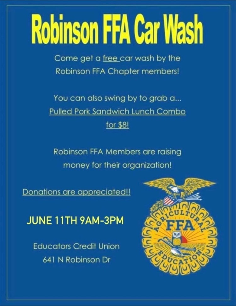 Mark your calendars for the #RobinsonISD FFA car wash and lunch!