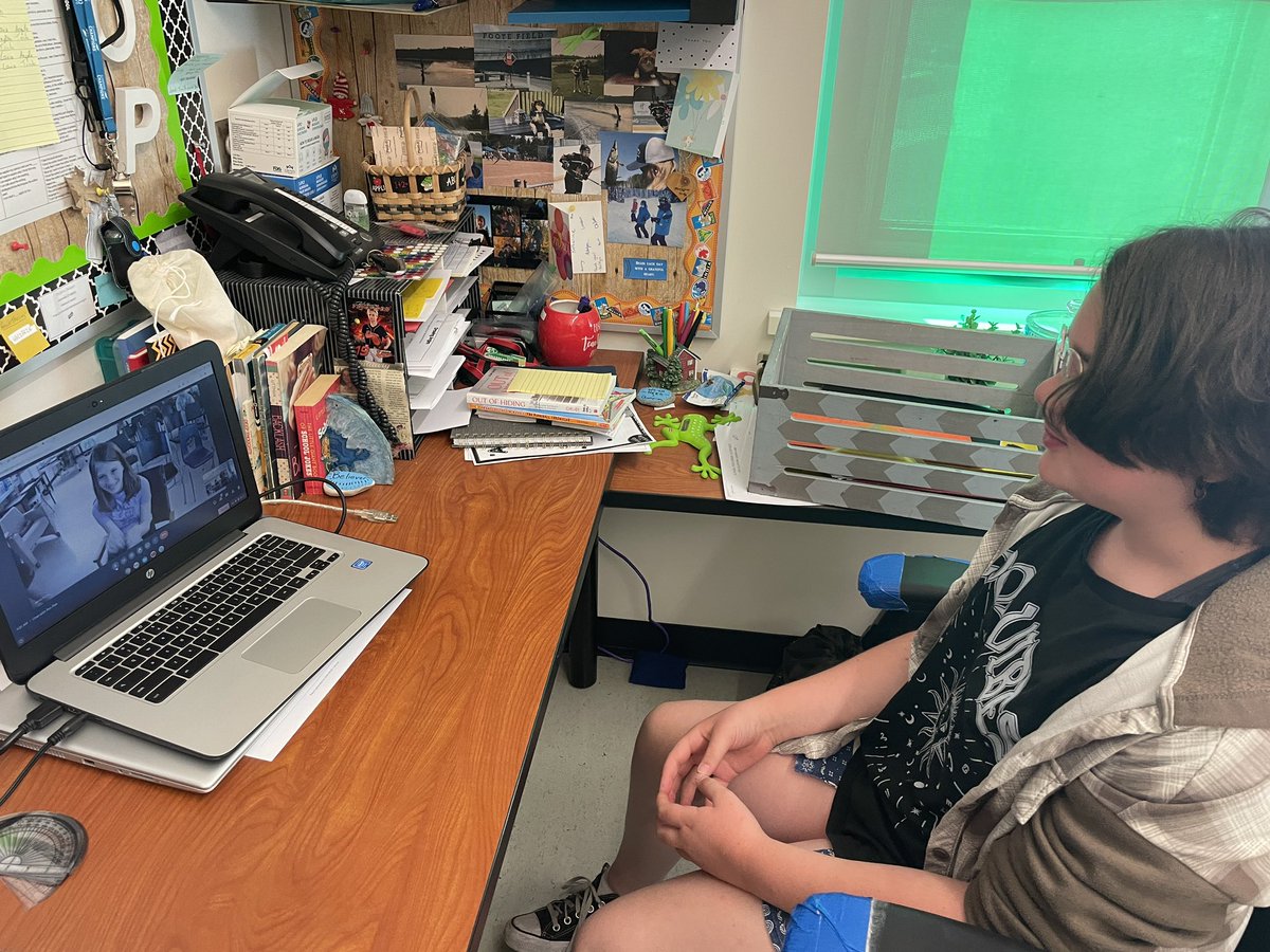 ThiessenCLT's tweet photo. Penpal chat today with @waters_jenna and her class to close out the @ClassroomChamps year. It was great connecting with your class again Mrs. Purdu. Have a wonderful summer. https://t.co/VnwR8VGXzL