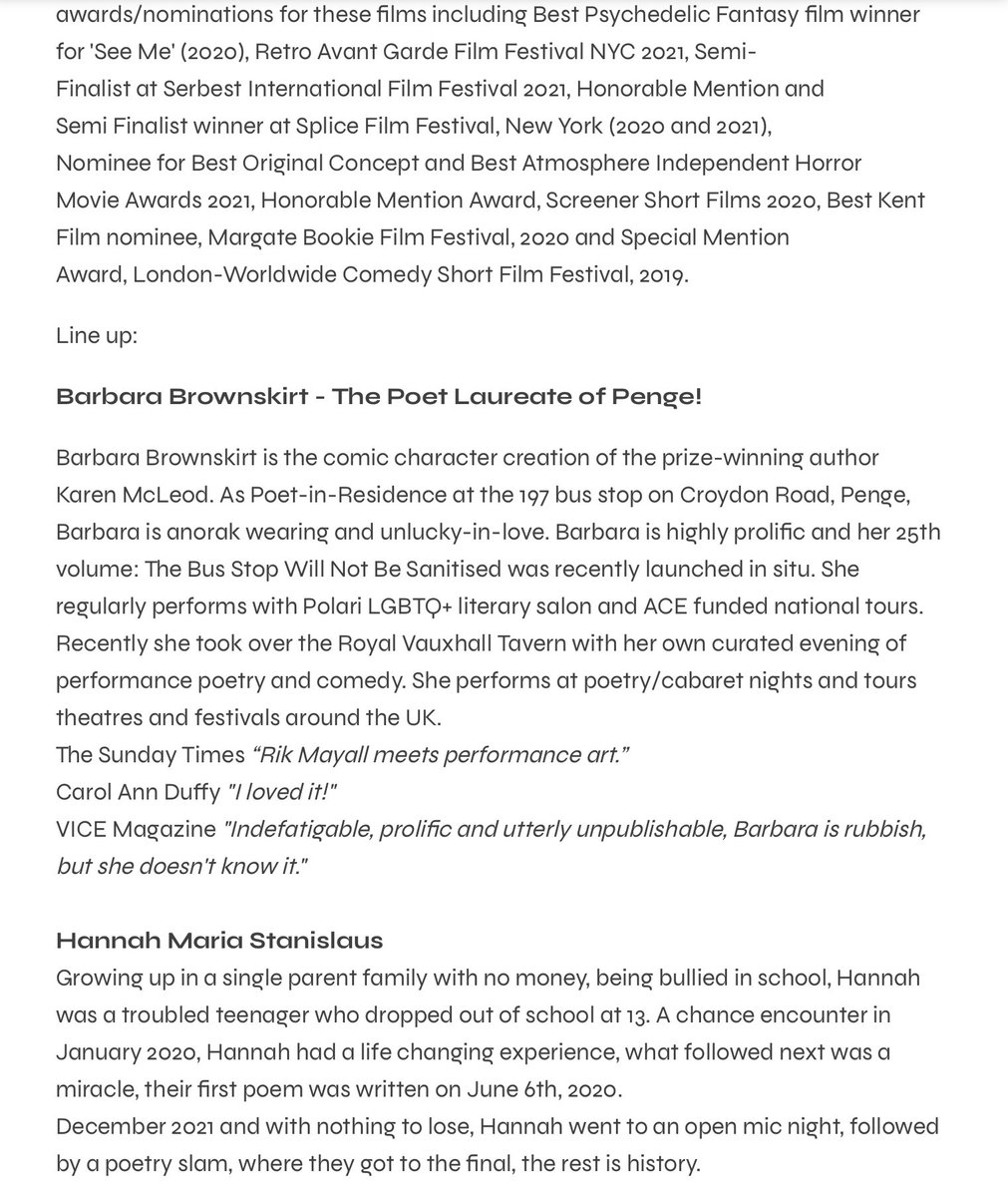 <a href="/BromleyBuzz/">Bromley Buzz</a> <a href="/CroydonArtsNet/">Croydon Arts Network</a> Not long to go now until the best in new experimental performance poetry in London this Sunday between 5-7pm <a href="/PengeTheatre/">The Bridge House Theatre</a> with <a href="/leejjcampbell/">Lee Campbell (he/they)</a> <a href="/BBrownskirt/">Barbara Brownskirt - Penge's Poet Laureate</a> <a href="/barney_poet/">Barney Ashton-Bullock</a> <a href="/MariaStanislaus/">Hannah They/Them</a> <a href="/PipMac6/">Pip ™</a> Open mic slots too ticketsource.co.uk/the-bridge-hou…