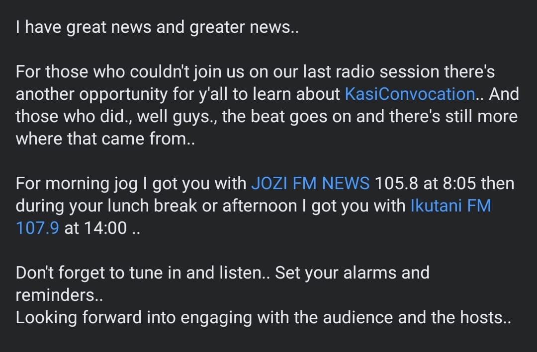 joanmakwakwa's tweet image. @jozifm  and @IkutaniFm looking forward to engaging with hosts and the audience.. #KasiConvocation #jozifm #ikutanifm