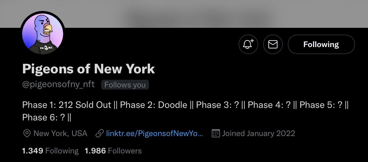 Go follow <a href="/pigeonsofny_nft/">Pigeons of New York NFT</a> ASAP let’s get them to 2K and beyond tonight go go GO!!🔥🔥🔥🔥🔥

#NFTCommunity