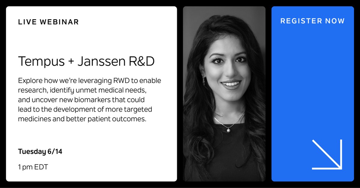 TempusAI's tweet photo. Join our COO @RyFukushima and @JanssenGlobal Chief Data Science Officer for R&amp;D, Najat Khan, Ph.D., on 6/14 at 12pm CT for a discussion on how advanced AI algorithms applied to #RWD are helping to achieve major milestones in #oncology R&amp;D. Register here: https://t.co/Z1BOi4UaPc https://t.co/zm7JSIfOpT