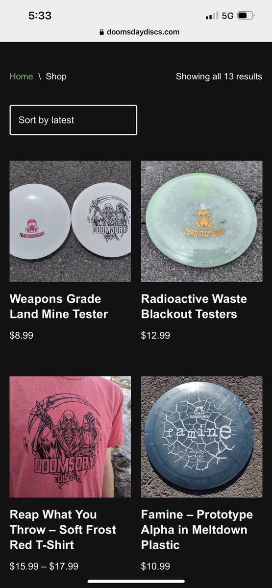 OSsidearm's tweet photo. Lots of new amazing items in the Doomsday store. Unique one of a kind putt/approach Landmine, Radioactive glow Blackouts and dope shirts. Gets yours now and use code rapturesidearm for that sweet discount 🤙 @DoomsdayDG #DiscGolf #YouNeedThese https://t.co/n47hqzWpkX