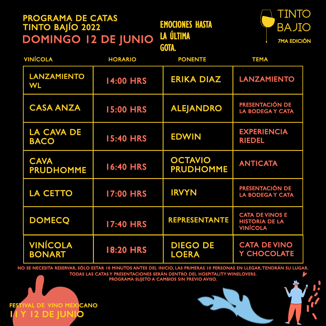 TintoBajio's tweet photo. 🍷😋 Programa de catas Tinto Bajío 2022.

👁 Nota
https://t.co/Ol2ObZArEU se necesita reservar, sólo estar 10 minutos antes del inicio, las primeras 10 personas en llegar, tendrán su lugar.
2.Todas las catas y presentaciones serán dentro del Hospitality Winelovers. https://t.co/NaBmimAtN7