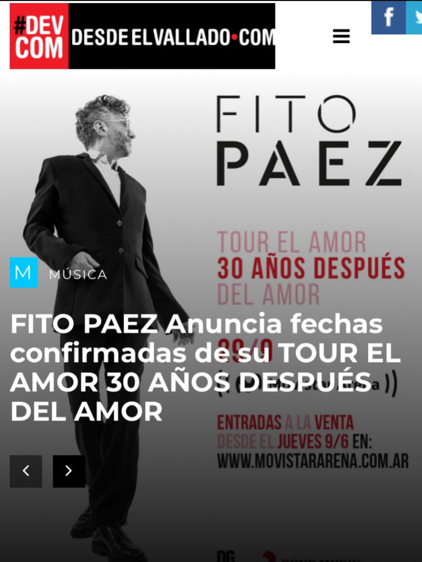 desdeelvallado (@desdeelvallado) on Twitter photo FITO PAEZ Anuncia fechas confirmadas de su TOUR EL AMOR 30 AÑOS DESPUÉS DEL AMOR - Desde el Vallado - Donde la música no descansa. <a href="/desdeelvallado/">desdeelvallado</a> desdeelvallado.com/musica/2033-fi… <a href="/FitoPaezMusica/">Fito Paez</a> <a href="/jacomunicacion/">JA! Comunicación</a> FITO PAEZ Anuncia fechas confirmadas de su TOUR EL AMOR 30 AÑOS DESPUÉS DEL AMOR - Desde el Vallado - Donde la música no descansa. <a href="/desdeelvallado/">desdeelvallado</a> desdeelvallado.com/musica/2033-fi… <a href="/FitoPaezMusica/">Fito Paez</a> <a href="/jacomunicacion/">JA! Comunicación</a>