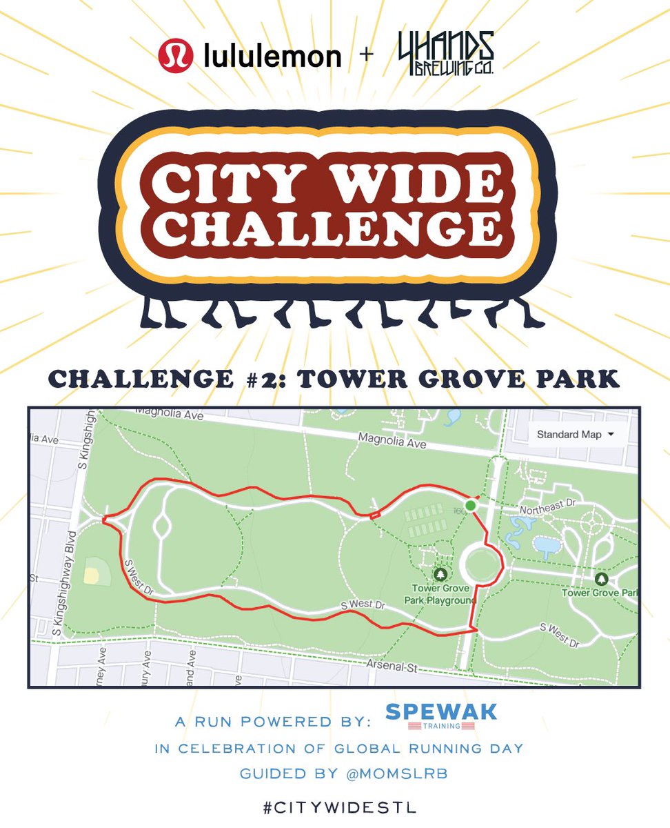 We are challenging YOU in week 2 to visit Tower Grove Park for a run! As a reminder, to be eligible for any of the prizes, please tag <a href="/momslrb/">Katie</a> <a href="/lululemon/">lululemon</a> <a href="/4handsbrewingco/">4 Hands Brewing Company</a> &amp; <a href="/spewaktraining/">Spewak Training</a> in your IG post as well as using the #citywidestl You don’t have to follow the route below.
