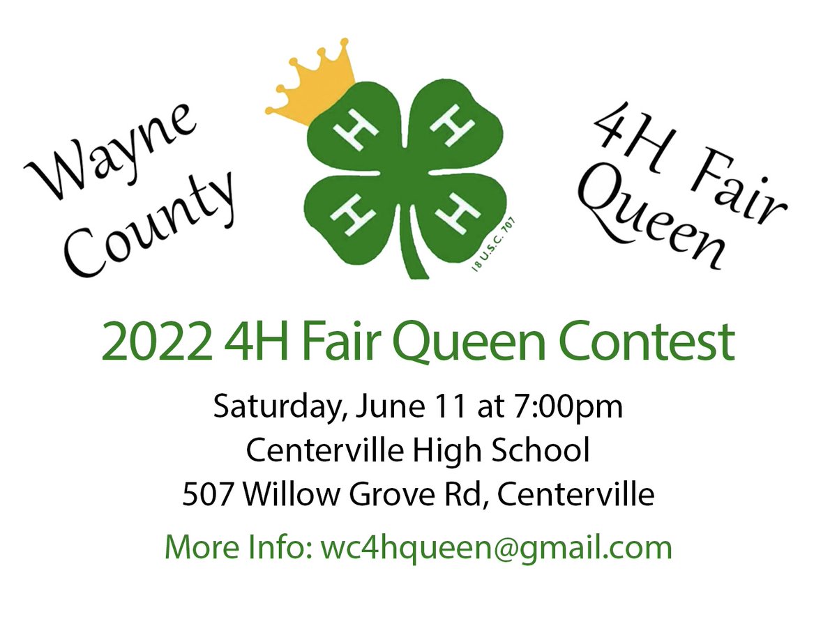 The 2022 Wayne County 4H Fair Queen Contest will take place at Centerville High School on Saturday, June 11that 7pm! 

If you have a question, email wc4hqueen@gmail.com
