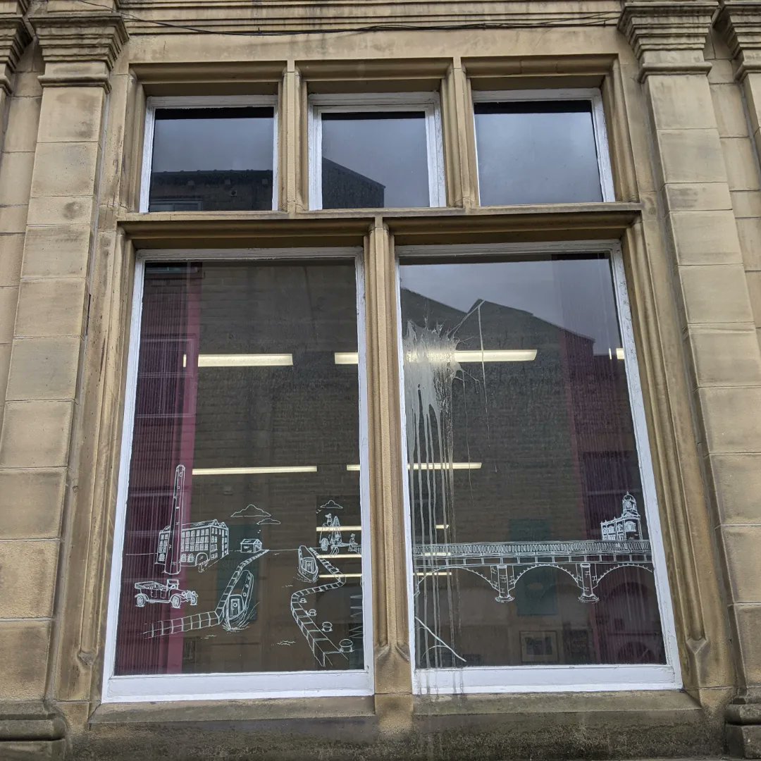 This was day 2 of 3... Last week, I was at #SowerbyBridge library drawing the past, present and future of the town on 6 of their windows as part of the @sowerbybridgehshaz #jubilee celebrations! @CMBClibraries @SBfireandwater @Rushbearing