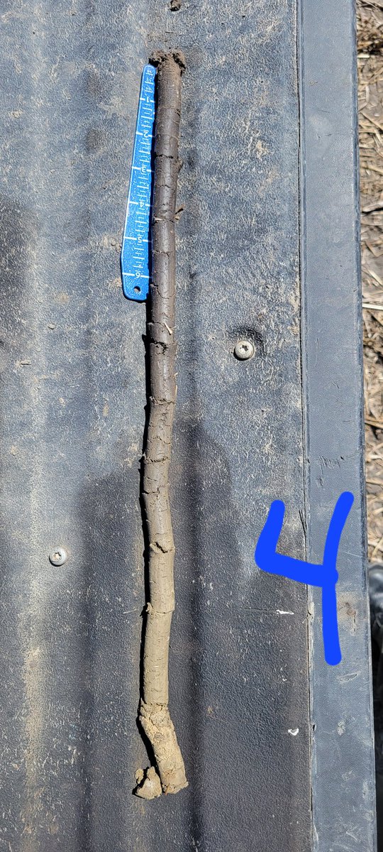 FE_EPrairies's tweet photo. Here I have a zone 2(low productivity) soil core(0-24"). Notice the black top soil ends at 4.5". And the soil temp was much cooler and 20lbs of N less than the other core. The zone 4 has nice topsoil to 9" #vrworks @farmers_edge https://t.co/Nfg7OcpdrF
