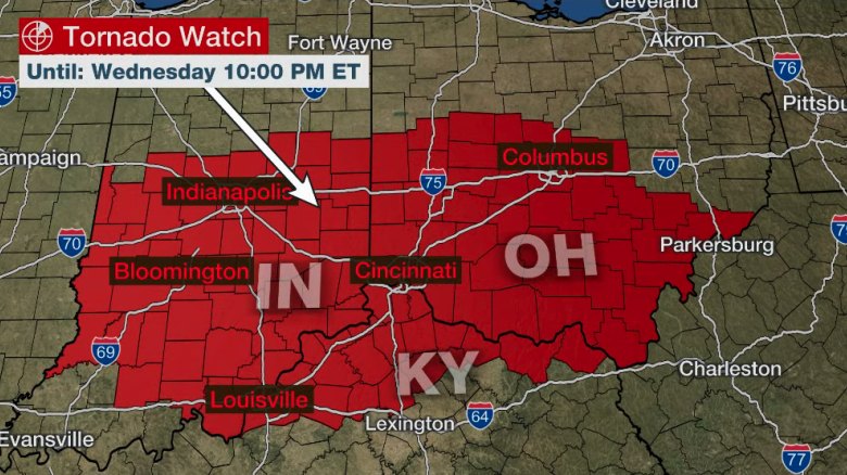 weatherchannel's tweet photo. #Tornado watch is in effect until 9pm CDT for parts of OH, IN and KY. A few tornadoes are possible, along with wind gusts up to 70 mph and hail up to 1.5" diameter. https://t.co/V6a56ccbgy