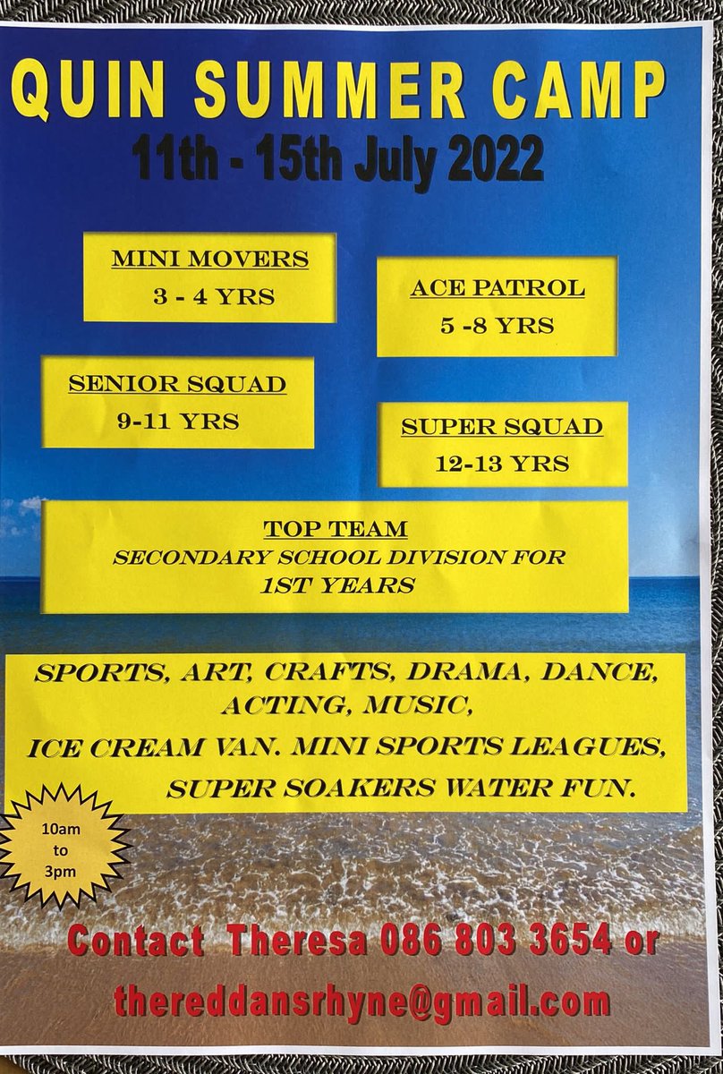 Ms Reddan’s summer camp is back by popular demand! Activities for all ages. Contact the number below for bookings.