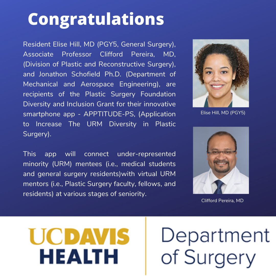 Congratulations GS Resident Elise Hill, Dr Clifford Pereira on your Award for developing an innovative Smartphone app that seeks to increase underrepresented diversity in the field of #PlasticSurgery @ucdavis @UCDavisHealth @ucdsurgeryresidents @UCDavisCOE #diversity