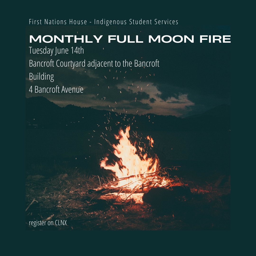 Sharing for: <a href="/UofTFNH/">First Nations House</a> Indigenous Student Services monthly Full Moon Fire.

Join us for the monthly full moon fire at the Earth Sciences Courtyard
Tuesday June 14th 10AM - 3PM
 
Register on  CLNx: clnx.utoronto.ca/home/slevents.…
 
Questions: indigenous.slcoordinator@utoronto.ca
