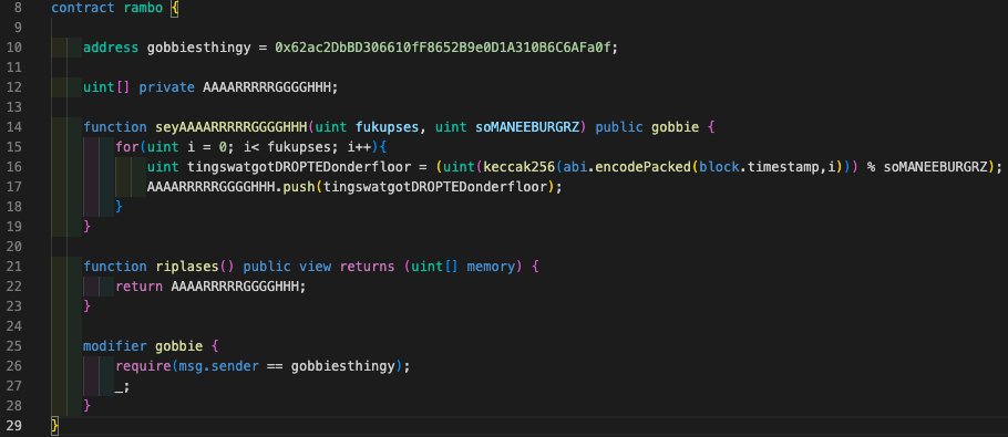 A new contract just deployed by <a href="/goblintownwtf/">goblintown.wtf</a>  pseudorandomly builds a list of burgers that have been "dropped on the floor", and they call it rambo.

I don't know if I want <a href="/urkiwtf/">urki</a> to drop my burgers or not. Good luck to everyone 🫡