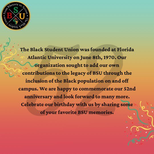 FAU_BSU's tweet photo. Itβs a celebration π₯³ Today marks our 52nd Anniversary at FAU π! We would like to give a special thanks to our members, past and present, for your continued support βπΎ. Head to our IG to see others favorite memories!
#bsuturns52 #faubsu https://t.co/wFcIUFIy0Y
