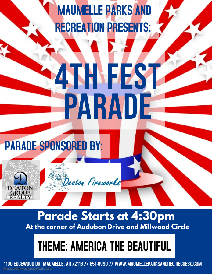 Maumelle Parks and Recreation presents the 4th Fest parade. Do you want to be in on the action? Click the link to register for the parade! form.jotform.com/213184720624148
Be on the lookout for more information about this year’s 4th Fest!