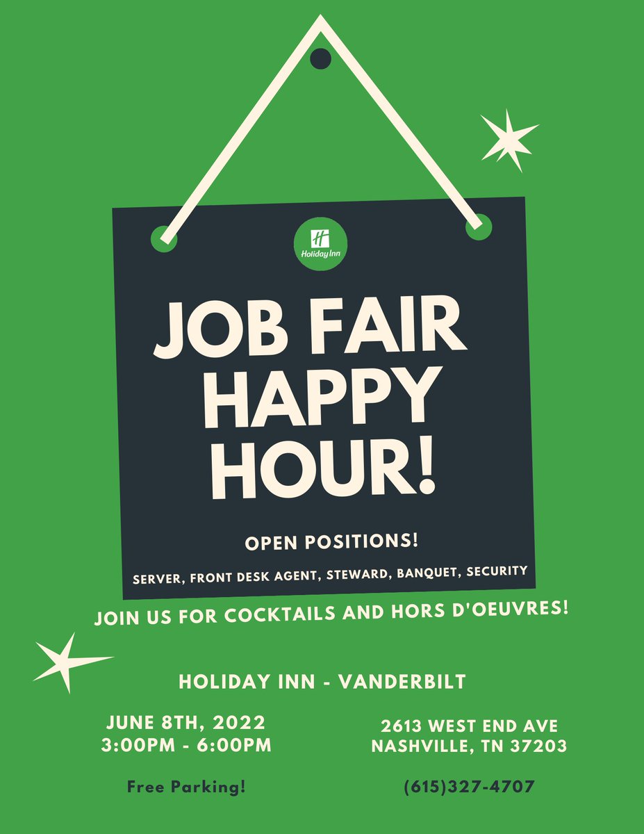 Looking for a job in Nashville's hospitality industry? Join @HolidayInnVandy this evening during their Happy Hour Job Fair from 3pm-6pm. Open positions include Server, Front Desk Agent, Steward, Security + more!