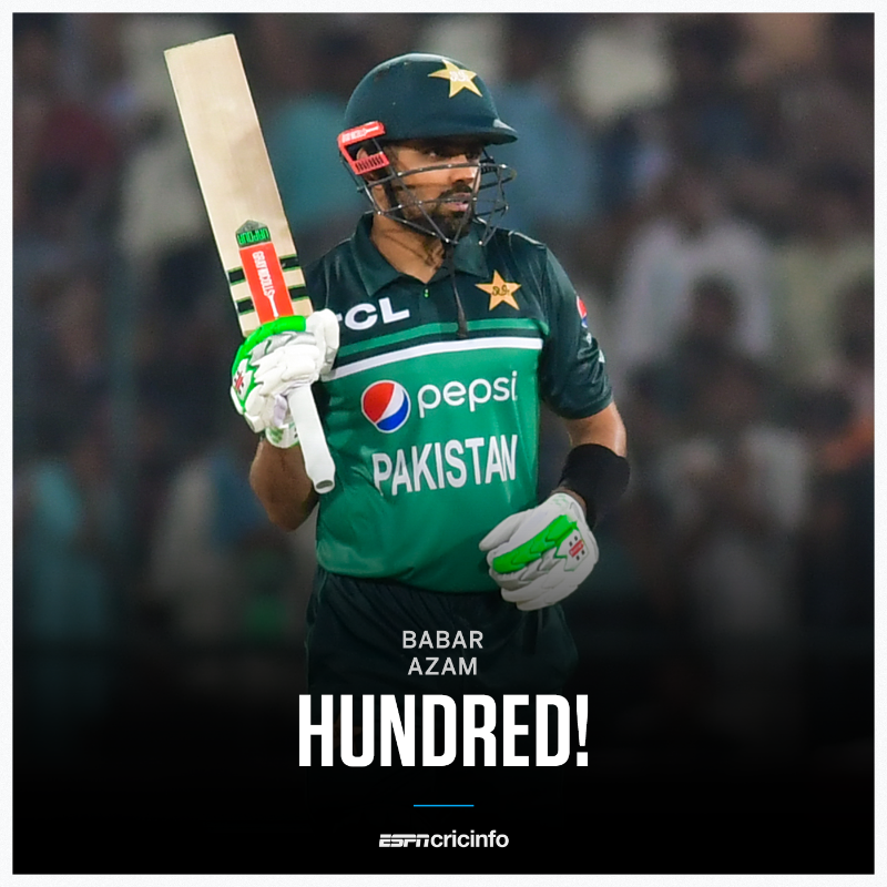 cricinfo's tweet photo. Three ODI centuries in a row for Babar Azam! And he's the only batter to do so twice 👏👏👏

#PAKvWI