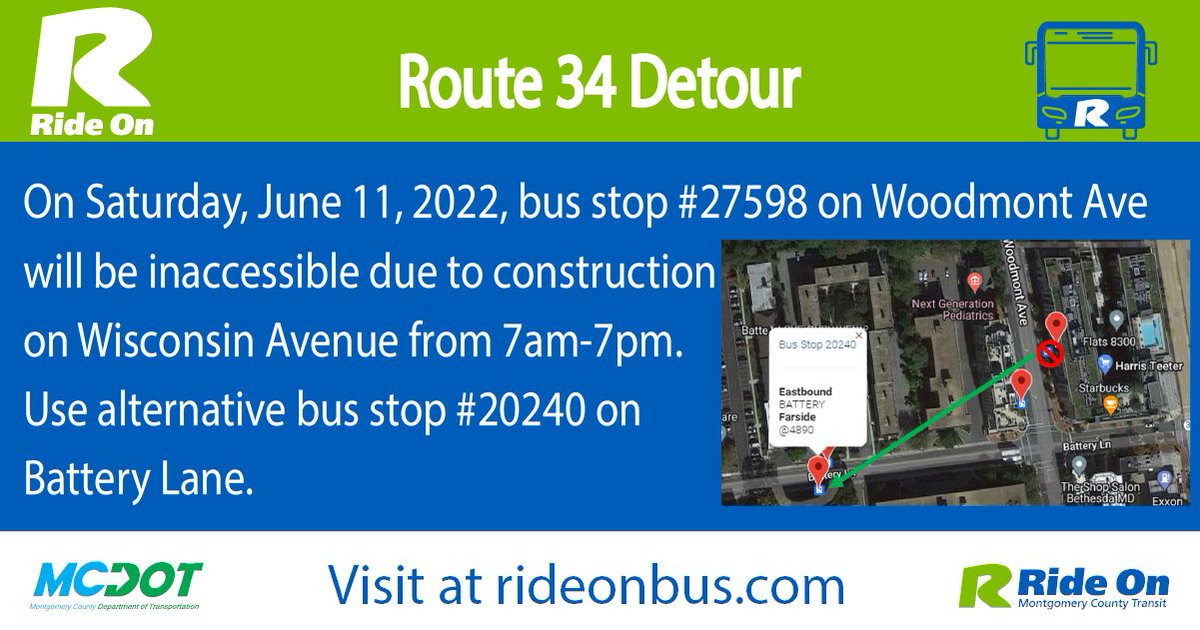 RideOnMCT's tweet image. Upcoming detour on Route 34 this Saturday, June 11, from 7am-7pm.