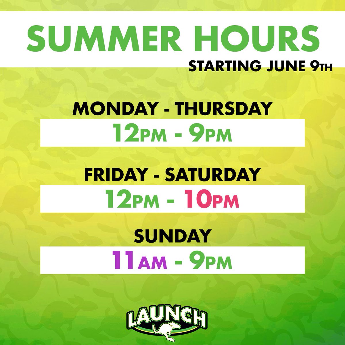 LaunchDoral's tweet photo. ☀SUMMER HOURS ☀
Extended hours starting Thursday, June 9th!

Launch Doral 
📞305,800,5867 
📧events@launchdoral.com https://t.co/8eU68zrj7H