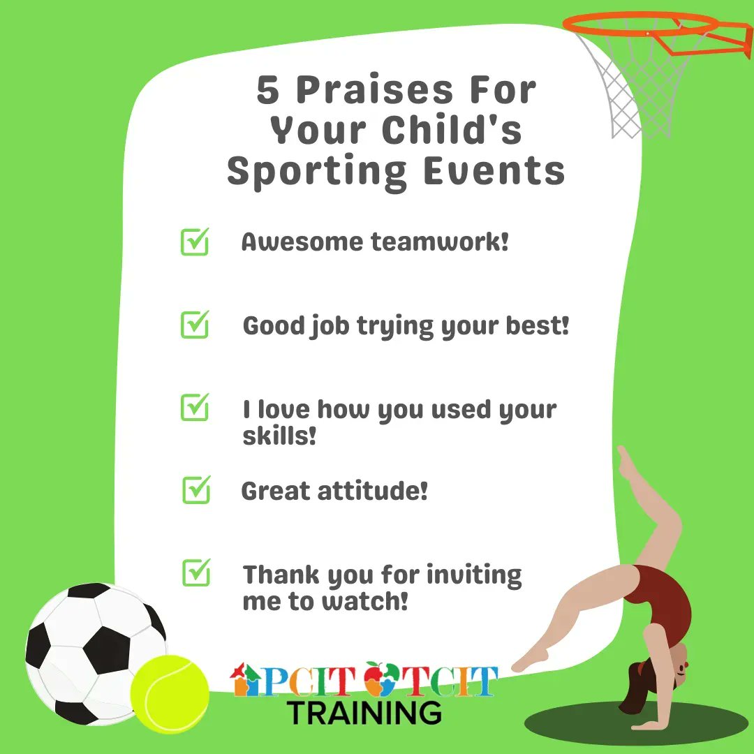 Integrating labeled praises into your daily routine is a simple way to improve your relationship with your child. Here's how you can provide praises on the ball field, court, swimming pool, etc. For more information about PCIT and labeled praises visit: parentchildinteractiontherapy.com/pcit-child-dir…