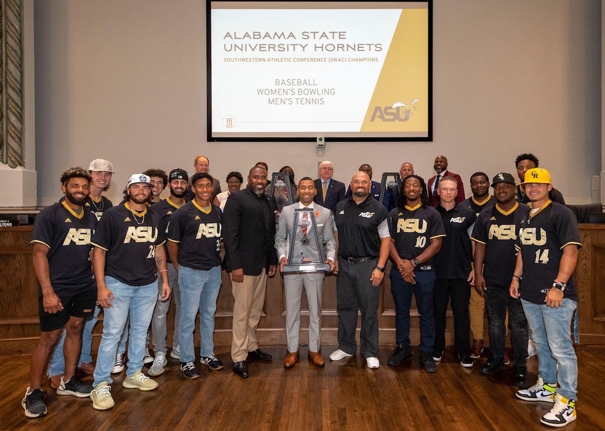 BamaStateSports's tweet photo. A Celebration of Champions! @CityofMGM honored our 2022 @theswac Champions @BamaStateBowl @BamaStateTennis and @BamaStateBB1 with special recognition at yesterday's City Council Meeting. 

It is always an honor to represent Montgomery!

#SWARMAS1 https://t.co/UGdG8Dymqa