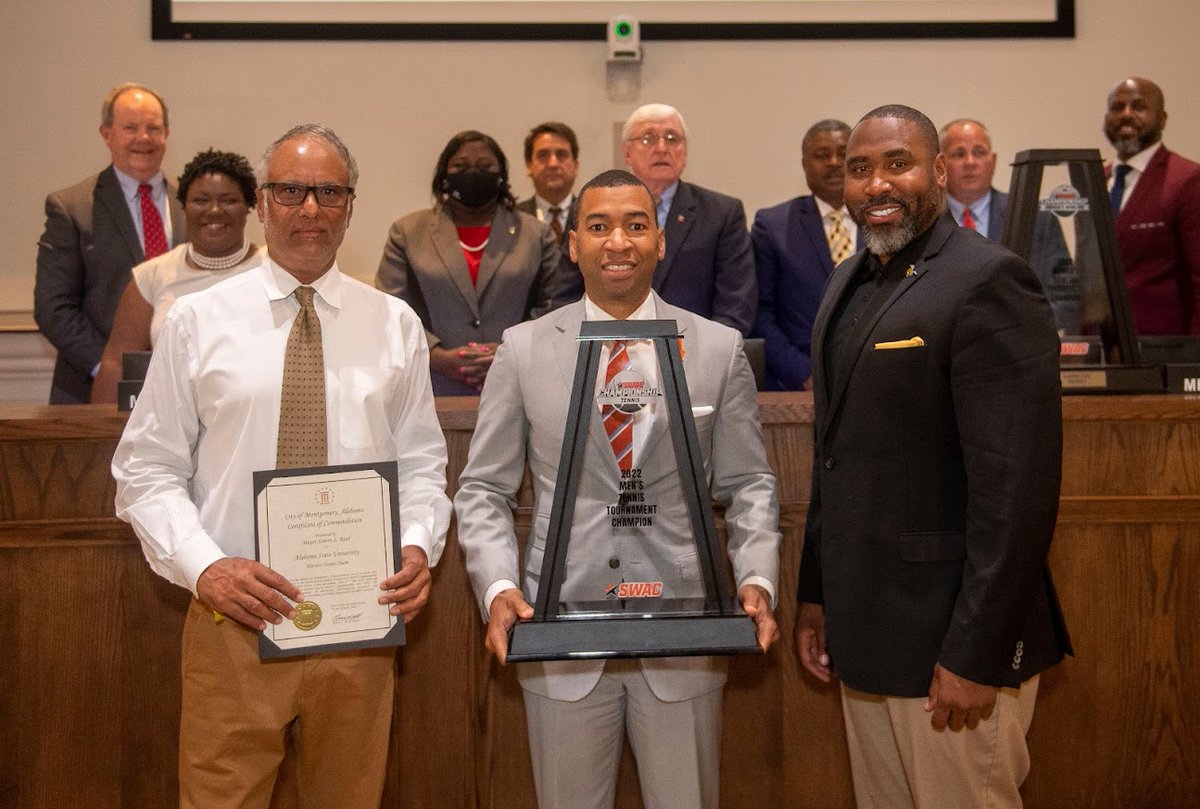 BamaStateSports's tweet photo. A Celebration of Champions! @CityofMGM honored our 2022 @theswac Champions @BamaStateBowl @BamaStateTennis and @BamaStateBB1 with special recognition at yesterday's City Council Meeting. 

It is always an honor to represent Montgomery!

#SWARMAS1 https://t.co/UGdG8Dymqa