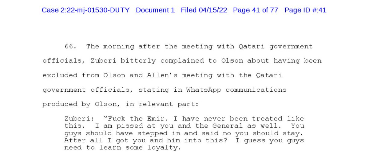 codyave's tweet image. ZUBERI:
Fuck the Emir [Al Thani]. I have never been treated like this. I am pissed at you and the General as well. You guys should have stepped in and said no you should stay. After all I got you and him into this? I guess you guys need to learn some loyalty. #allen #olson #qatar