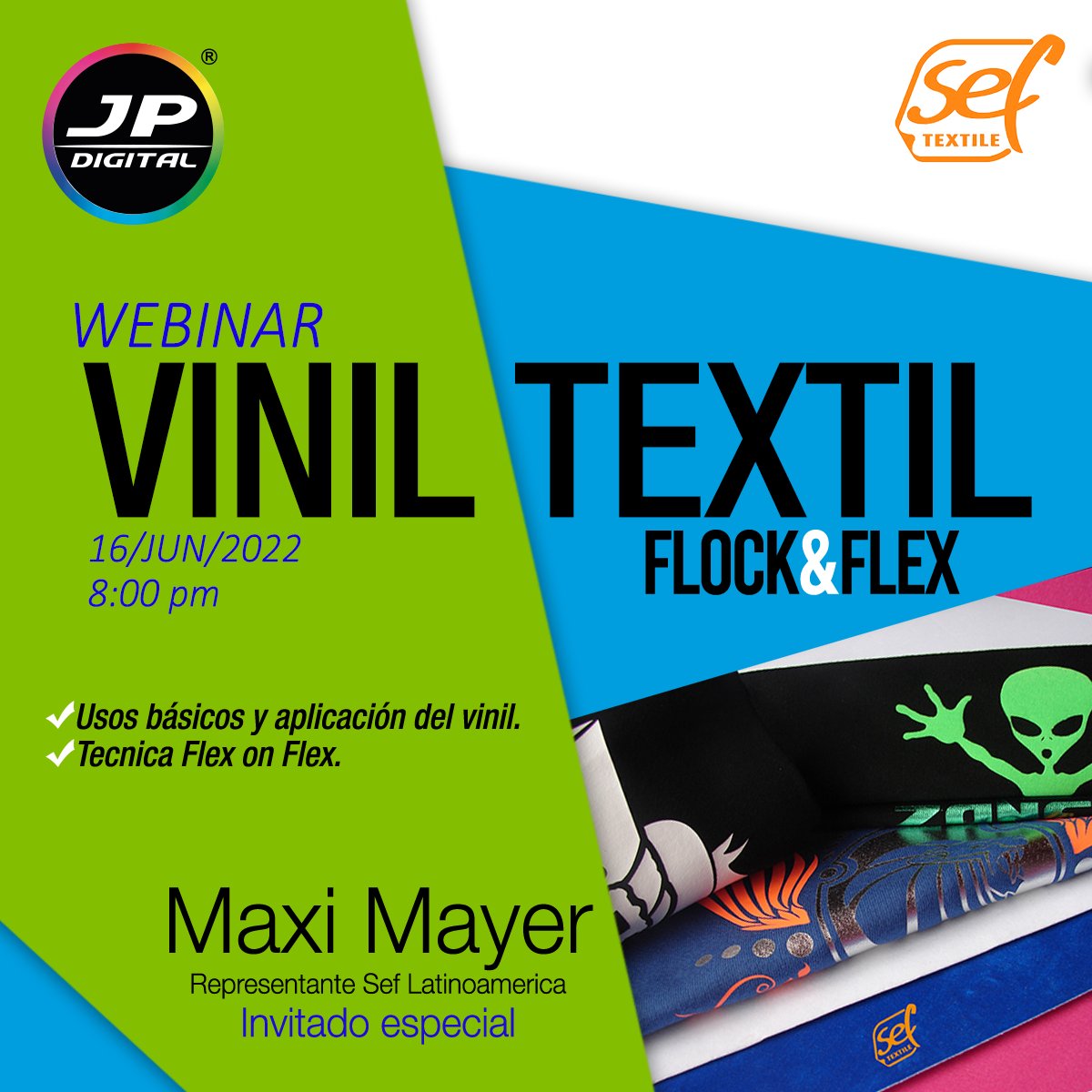 JPDIGITAL2's tweet photo. JP Digital y SEF te invitan a un webinar especial donde conocerás las opciones de viniles textiles que disponemos. Haremos pruebas y responderemos sus preguntas en vivo.

Te invitamos a inscribirte en el siguiente enlace: 

https://t.co/PhzEIYuaOx

¡Te esperamos! https://t.co/ja4BYejZQq