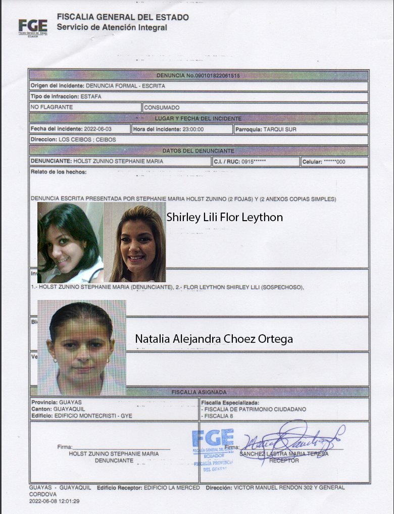 stephanieholst's tweet photo. Hoy presente una denuncia por ESTAFA y SUPLANTACIÓN DE IDENTIDAD contra: SHIRLEY LILI FLOR LEYTHON Y OTROS, por vender cargos públicos a mi nombre, en empresa @CNEL_EP @RecNaturalesEC @XavierVeraG @FiscaliaEcuador @DianaSalazarM2 las cuentas bancarias están identificadas. #estafa https://t.co/rPXFzXrZkt