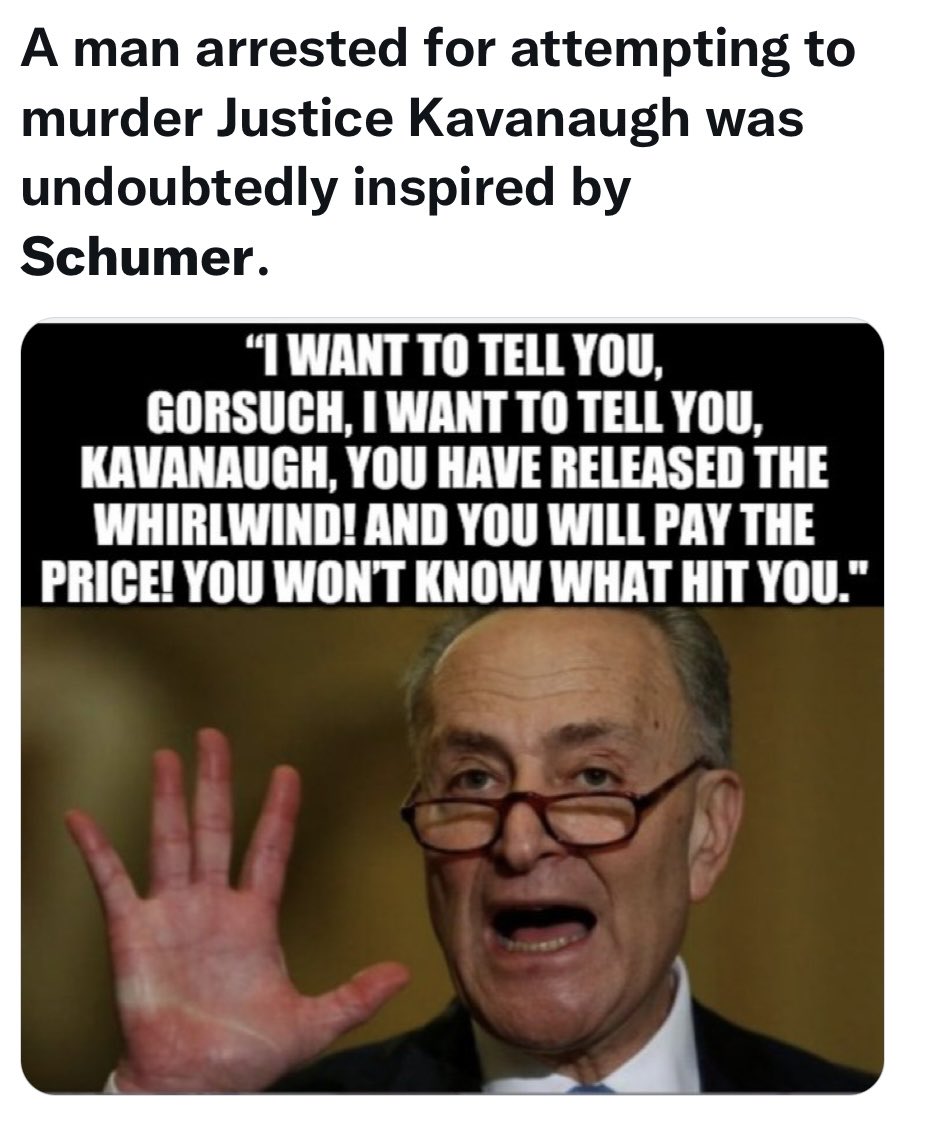 JonJBurrows's tweet photo. Lock Chuck Schumer up for his direct threat and call to attack Supreme Court justices.
#LockSchumerUp #LockHimUp #Schumer #ChuckSchumer โฆ@SenSchumerโฉ https://t.co/IvYvvEqAWA