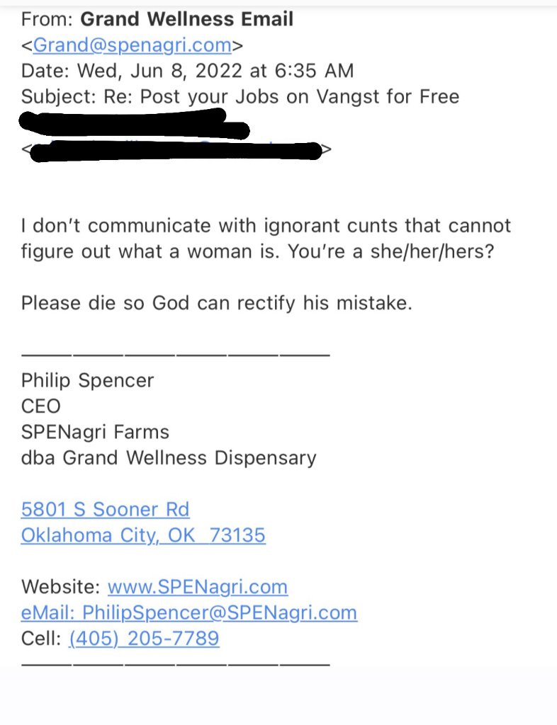 khumiston's tweet photo. As we collectively work to build a more equitable cannabis industry we should have zero tolerance for CEO’s like Philip Spencer who propagate hate speech and misogyny. Philip sent the below message to our sales rep this morning in response to the pronouns in her signature. https://t.co/IdbiLVCGw5