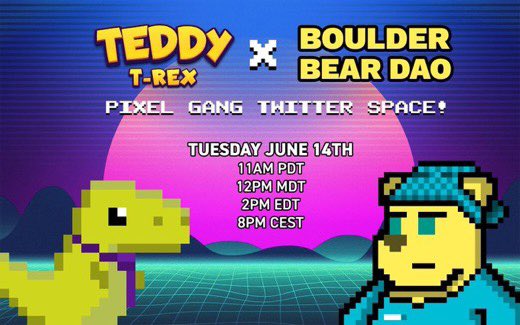 Boulder Bear DAO | #BearHug (@boulderbeardao) on Twitter photo #pixelgang Twitter Space is happening on the 14th - be there! We’ll be having some fun and talking about our project with <a href="/TeddyTRexNFT/">Teddy T-Rex</a> 🦖 We might even have some prizes for you if you show up 👀
#BearHug #pixelgang Twitter Space is happening on the 14th - be there! We’ll be having some fun and talking about our project with <a href="/TeddyTRexNFT/">Teddy T-Rex</a> 🦖 We might even have some prizes for you if you show up 👀
#BearHug