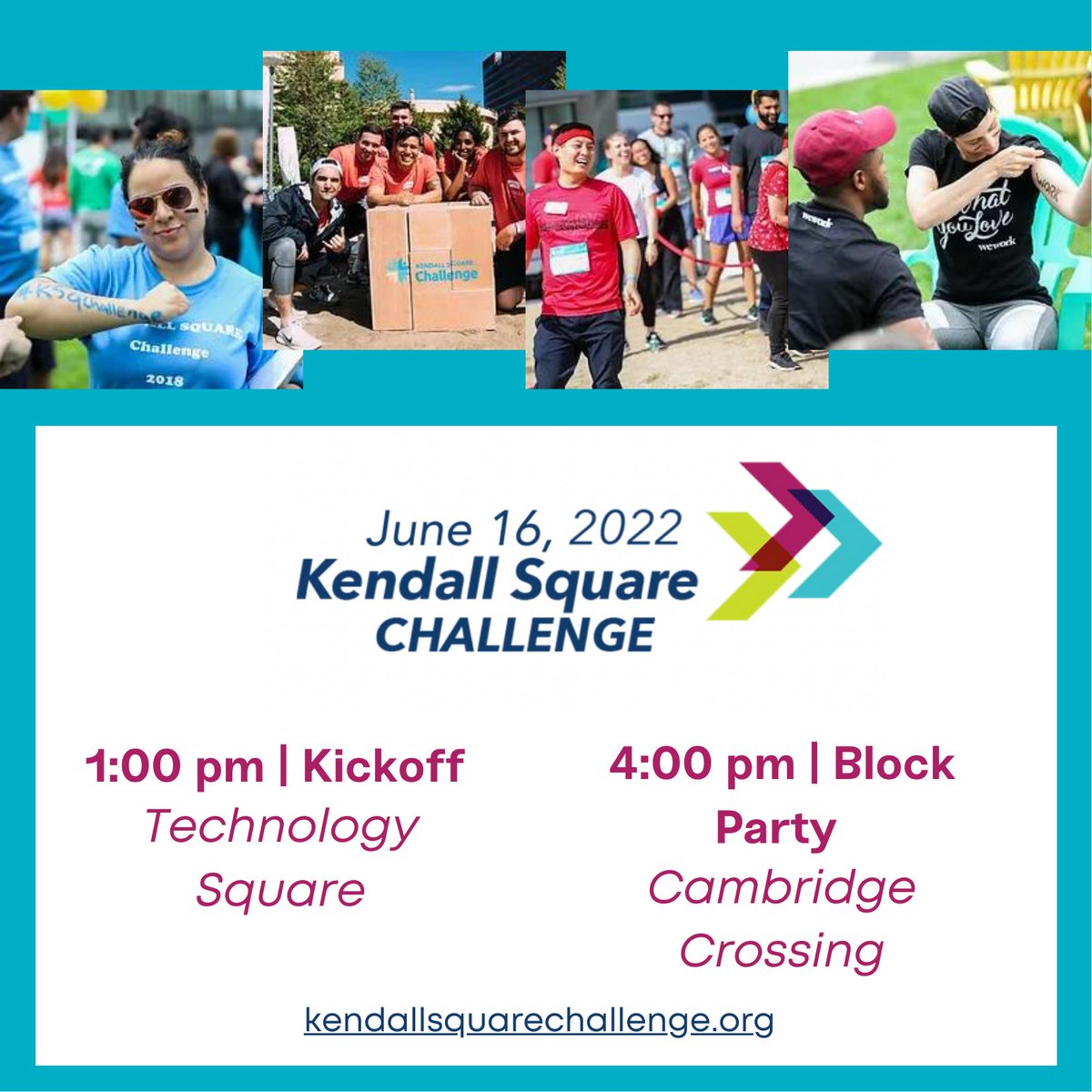 Due to inclement weather, the Kendall Square Challenge has been moved to next Thursday, June 16th. We can't wait to see you there! #KSQChallenge kendallsquarechallenge.org