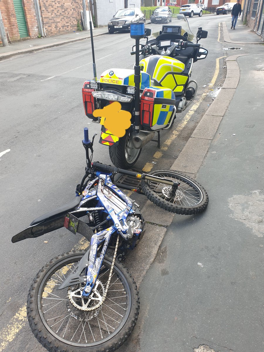 gmptraffic's tweet photo. #XB12 patrolling around @GMPSwinton in response to community concerns. Spotted this high power electric motorbike being ridden on a pavement.
Pre-emptive tactics used and #PursuitPrevented. Bike seized and off to the crusher shortly. https://t.co/OEqmbVmuB9
