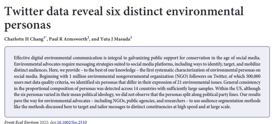 Excited to share a cutting edge project that examines and identifies “personas”/groups of Twitter users that are environmentally minded and follow eNGOs etc. We found six types of personas from data on &gt;500k users. shorturl.at/jsCK9