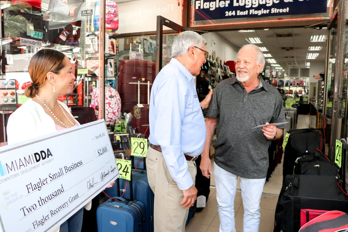 downtownMIA's tweet photo. Earlier today, the #MiamiDDA went door-to-door distributing the second round of funding to businesses along #FlaglerStreet. Last year, the Miami DDA &amp; @CityofMiami allocated $800K towards grants for businesses affected by ongoing construction part of the  beautification project. https://t.co/0FxEO74s8I