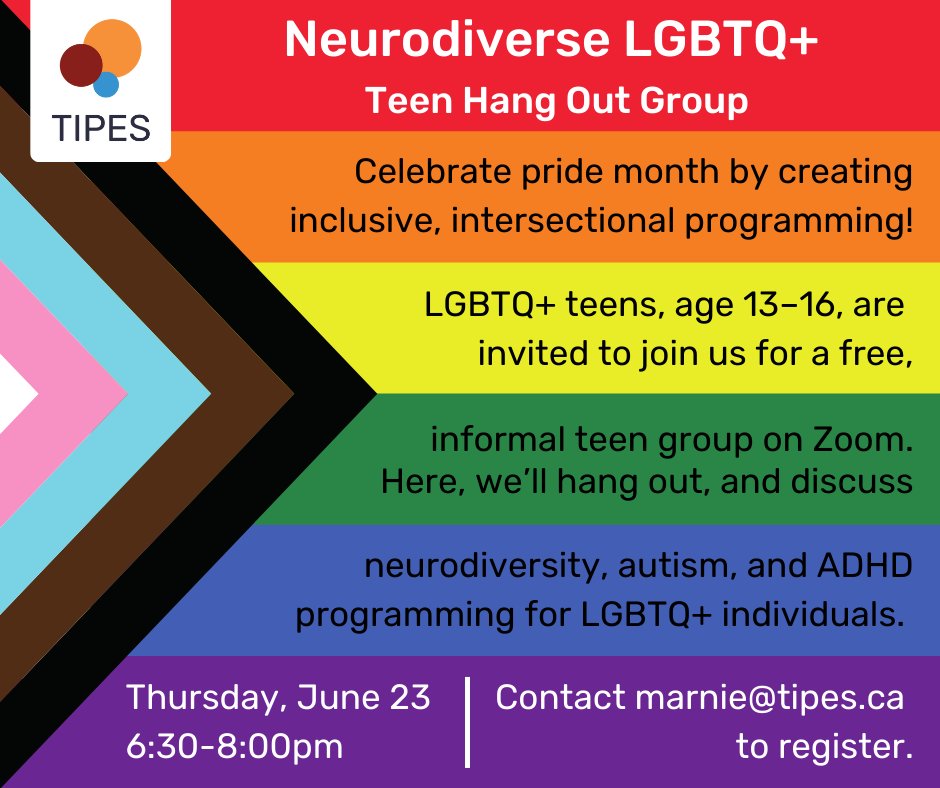 TIPESOTT's tweet photo. Happy pride month!

Join us for an informal hang out group where you can help us create programming for neurodiverse LGBTQ+ teens! 

Thursday, June 23
6:30-8:00pm
Zoom

To register please contact marnie@tipes.ca https://t.co/RqOKBUuZS4