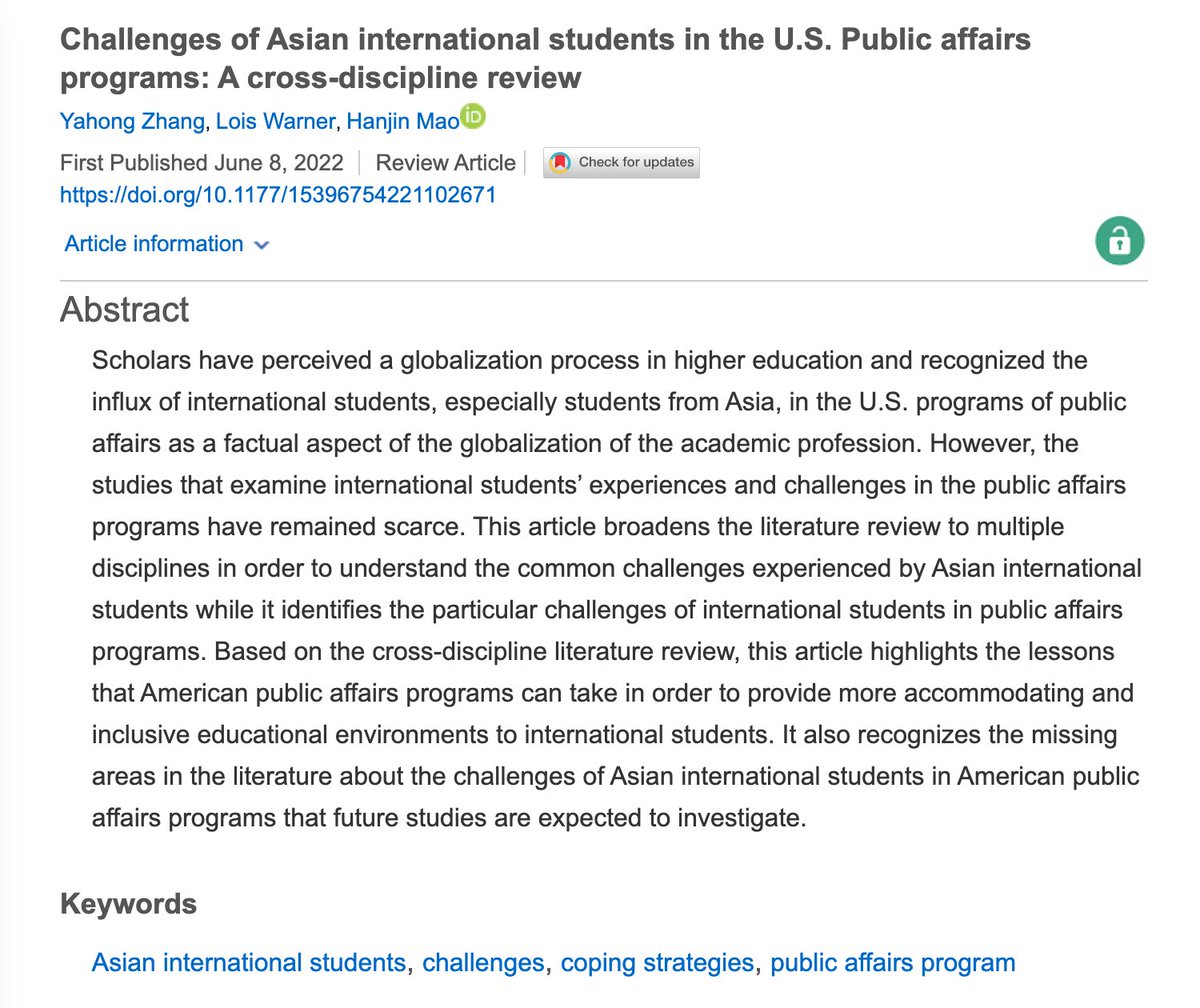 HanjinMao's tweet photo. Teach or work with #internationalstudents? Check out my fresh publication with @YahongZhang1 and Lois Warner in @CPARjournal. We offer guidance for American #publicaffairs programs to provide more accommodating and inclusive education to international students. So excited! https://t.co/D2GWldWG8l