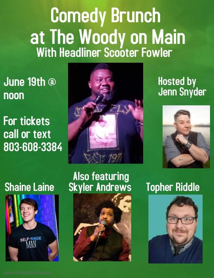 TopherRiddle's tweet image. Comedy Brunch at The Woody on Main St, Columbia, SC! Get tickets quick, before they're gone. Last time was a blast and this time I get to be part of it.