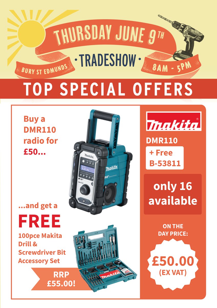 TOMORROW is the big day! 🥳
Come down to our Summer Tradeshow from 8am - 5pm for a day packed with unmissable offers, like this Makita radio with FREE 100pce drill and screwdriver bit accessory set for just £50!
DJ Evans Ltd, St Botolph’s Lane, IP33 2AU.