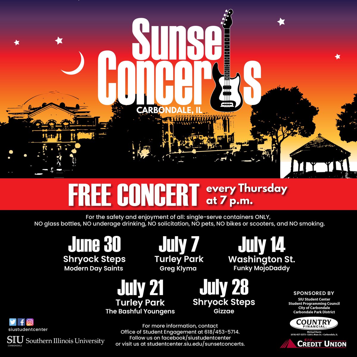 Are you staying in Carbondale for the summer? Check out the Sunset Concerts every Thursday @ 7 pm starting on June 30! 🎸 🌅