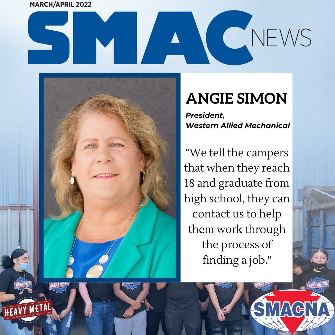 SMACNA's tweet photo. Angie Simon, Immediate Past President of SMACNA explains the importance of the #HeavyMetalSummerExperience and how it can lead to a future career in the cover story for the latest #SMACNews. Click here for the full #HMSE article: https://t.co/xdTpiaoyV7 https://t.co/ADwHD7NLBF