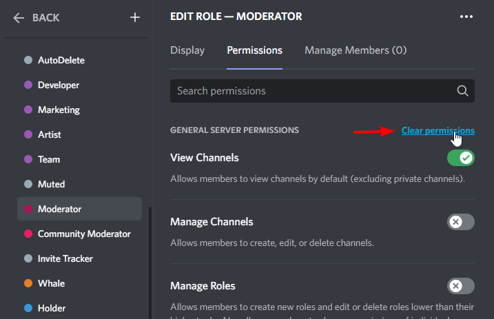 Next - review all roles, look for any roles with dangerous perms (admin/webhook/roles) toggle them off by hitting clear permissions.The attackers will give roles to their alts, to keep the attack ongoing for as long as possible. Removing perms is fastest way to deal with that.